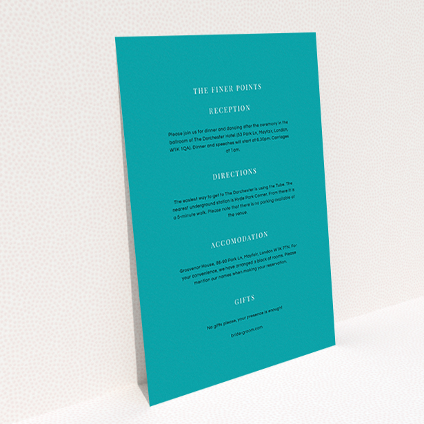 A wedding information sheet called "To the right". It is an A6 card in a portrait orientation. "To the right" is available as a flat card, with tones of teal and white.