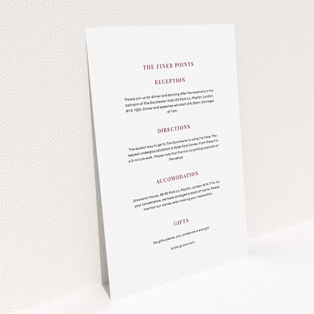 A wedding information sheet template titled "To the right". It is an A6 card in a portrait orientation. "To the right" is available as a flat card, with mainly white colouring.