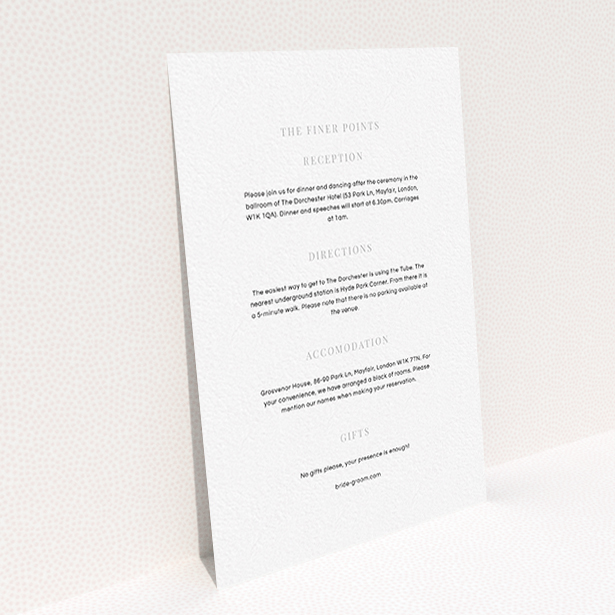 A wedding information sheet design named "To the right". It is an A6 card in a portrait orientation. "To the right" is available as a flat card, with mainly white colouring.