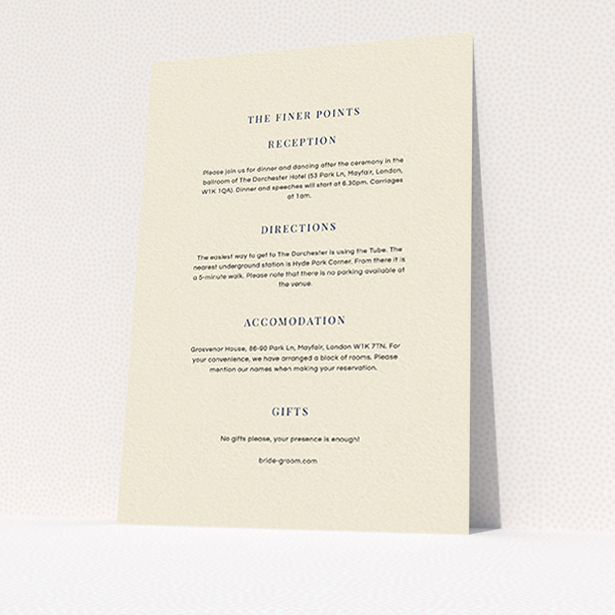A wedding information sheet design called "To the right". It is an A6 card in a portrait orientation. "To the right" is available as a flat card, with mainly cream colouring.