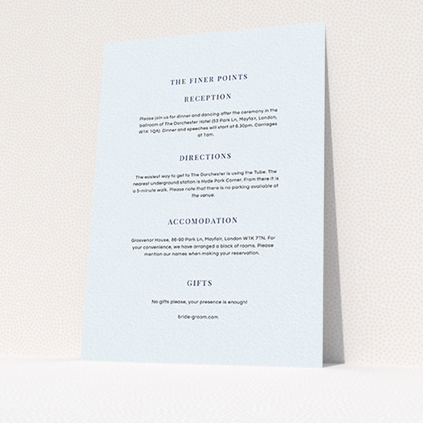 A wedding information sheet design named "To the right". It is an A6 card in a portrait orientation. "To the right" is available as a flat card, with mainly light blue colouring.