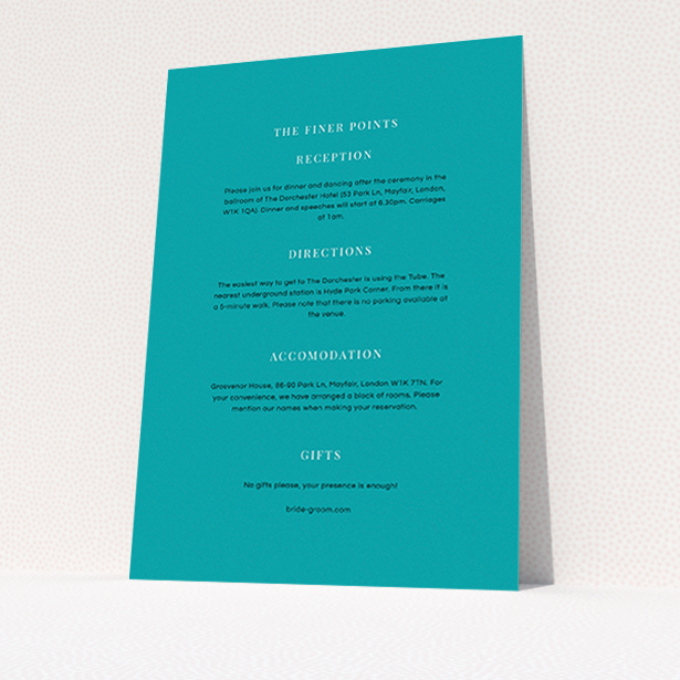 A wedding information sheet called "To the right". It is an A6 card in a portrait orientation. "To the right" is available as a flat card, with tones of teal and white.