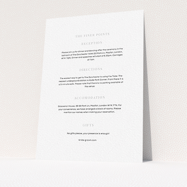 A wedding information sheet design named "To the right". It is an A6 card in a portrait orientation. "To the right" is available as a flat card, with mainly white colouring.