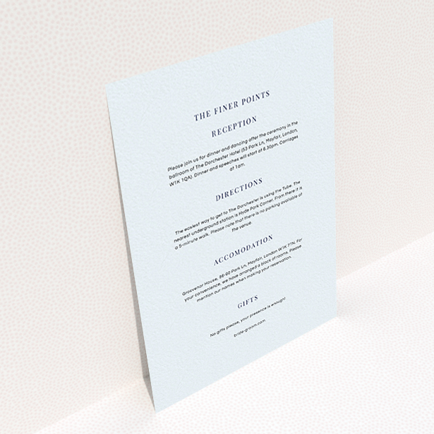 A wedding information sheet design named "To the right". It is an A6 card in a portrait orientation. "To the right" is available as a flat card, with mainly light blue colouring.