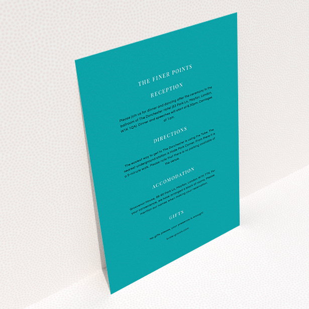 A wedding information sheet called "To the right". It is an A6 card in a portrait orientation. "To the right" is available as a flat card, with tones of teal and white.