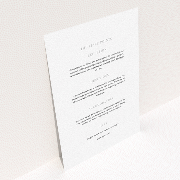 A wedding information sheet design named "To the right". It is an A6 card in a portrait orientation. "To the right" is available as a flat card, with mainly white colouring.