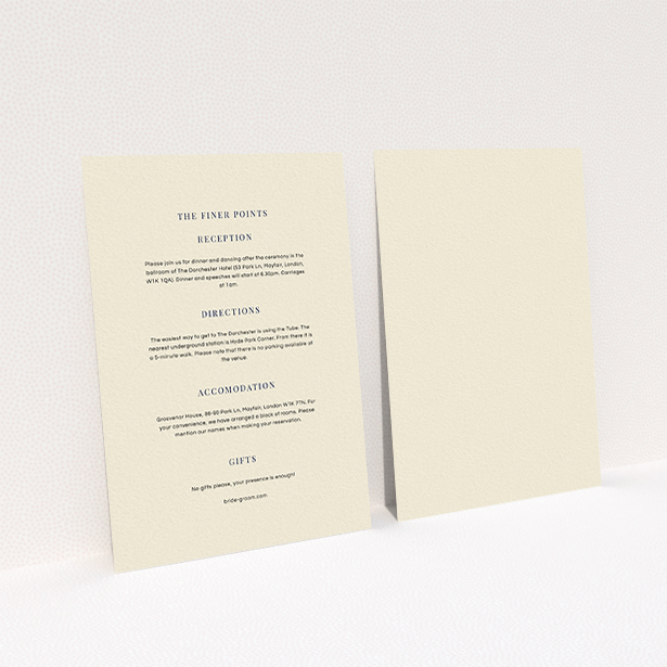 A wedding information sheet design called "To the right". It is an A6 card in a portrait orientation. "To the right" is available as a flat card, with mainly cream colouring.