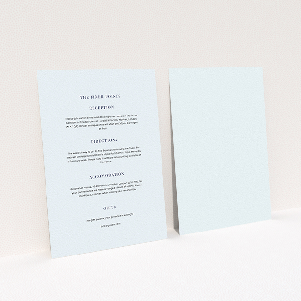 A wedding information sheet design named "To the right". It is an A6 card in a portrait orientation. "To the right" is available as a flat card, with mainly light blue colouring.
