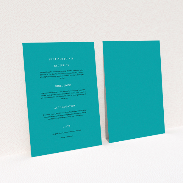 A wedding information sheet called "To the right". It is an A6 card in a portrait orientation. "To the right" is available as a flat card, with tones of teal and white.