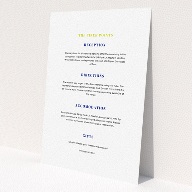 A wedding information sheet design named 'Top line'. It is an A6 card in a portrait orientation. 'Top line' is available as a flat card, with mainly white colouring.