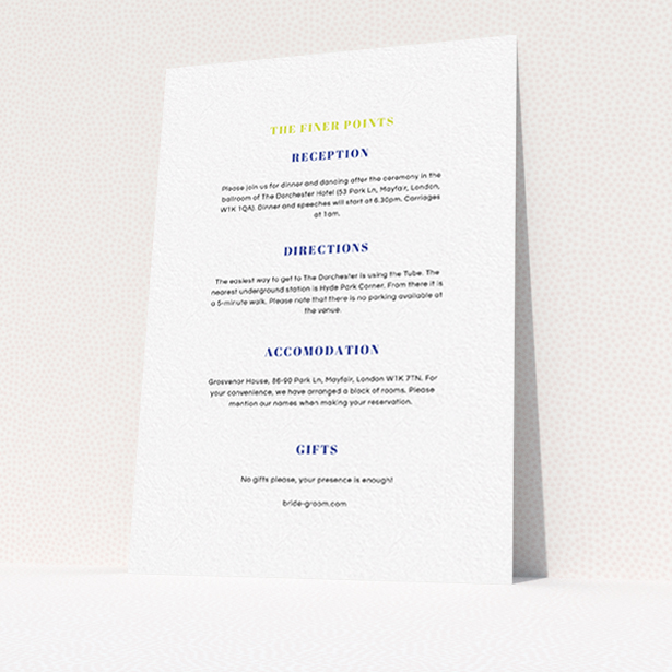 A wedding information sheet design named "Top line". It is an A6 card in a portrait orientation. "Top line" is available as a flat card, with mainly white colouring.