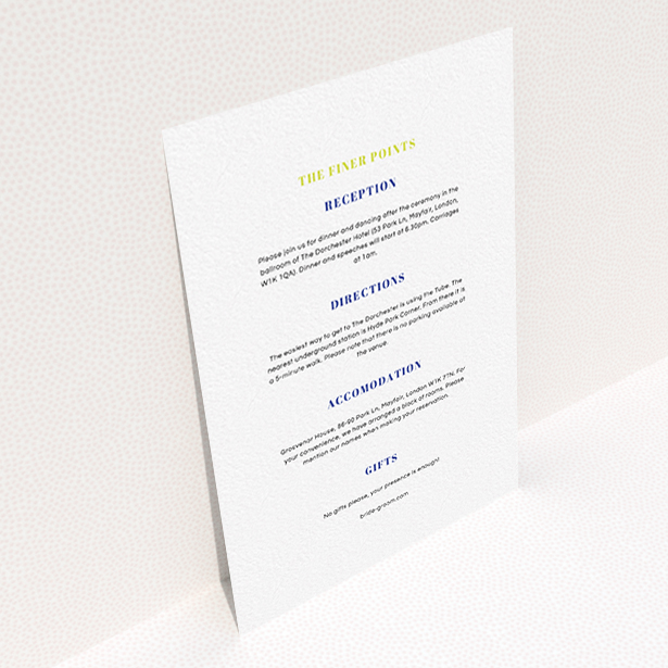 A wedding information sheet design named "Top line". It is an A6 card in a portrait orientation. "Top line" is available as a flat card, with mainly white colouring.