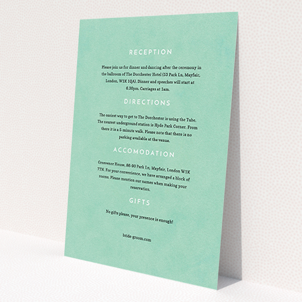 A wedding information sheet named 'Worn Green'. It is an A6 card in a portrait orientation. 'Worn Green' is available as a flat card, with mainly green colouring.
