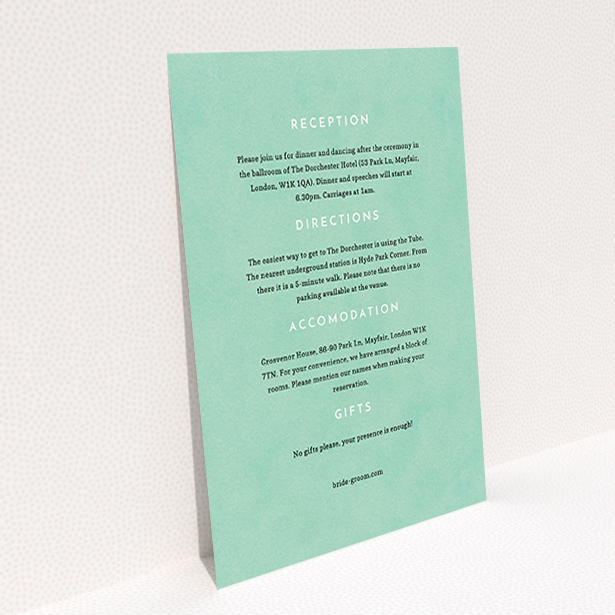 A wedding information sheet named "Worn Green". It is an A6 card in a portrait orientation. "Worn Green" is available as a flat card, with mainly green colouring.