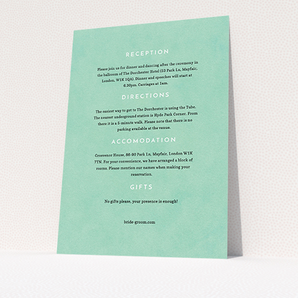 A wedding information sheet named "Worn Green". It is an A6 card in a portrait orientation. "Worn Green" is available as a flat card, with mainly green colouring.