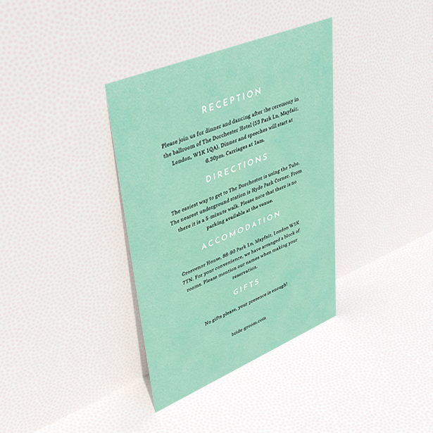 A wedding information sheet named "Worn Green". It is an A6 card in a portrait orientation. "Worn Green" is available as a flat card, with mainly green colouring.