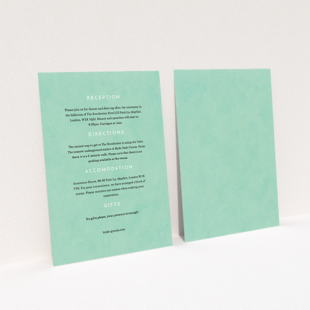 A wedding information sheet named "Worn Green". It is an A6 card in a portrait orientation. "Worn Green" is available as a flat card, with mainly green colouring.