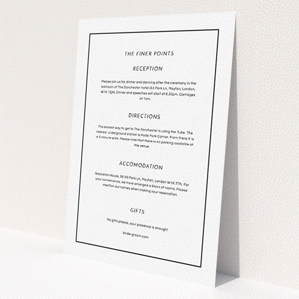 A wedding insert card design titled 'Black on black'. It is an A6 card in a portrait orientation. 'Black on black' is available as a flat card, with mainly white colouring.