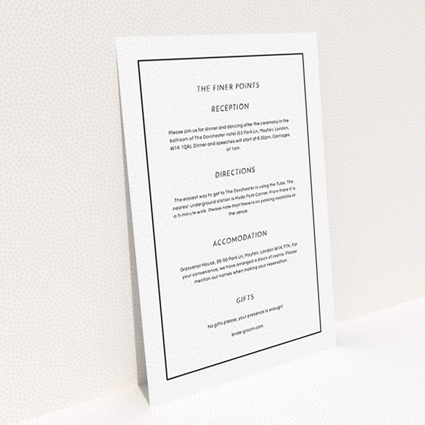 A wedding insert card design titled "Black on black". It is an A6 card in a portrait orientation. "Black on black" is available as a flat card, with mainly white colouring.