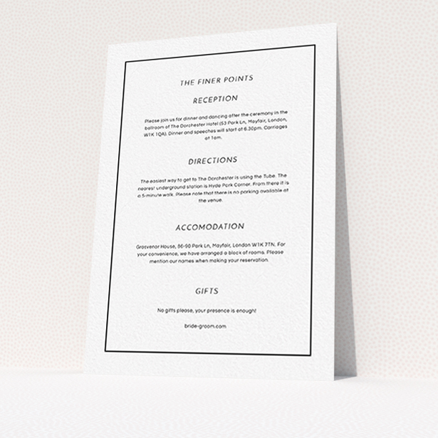 A wedding insert card design titled "Black on black". It is an A6 card in a portrait orientation. "Black on black" is available as a flat card, with mainly white colouring.