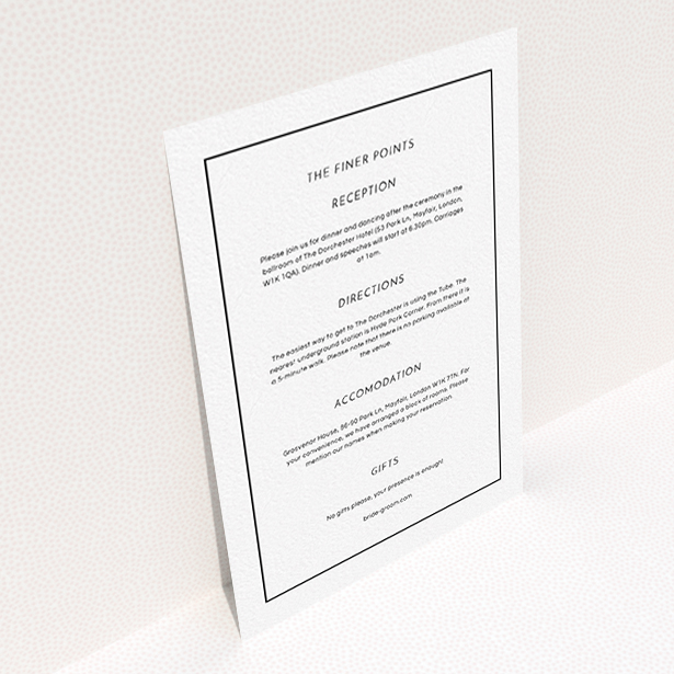 A wedding insert card design titled "Black on black". It is an A6 card in a portrait orientation. "Black on black" is available as a flat card, with mainly white colouring.