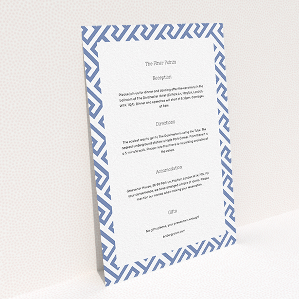 A wedding insert card design named "Blue and white maze". It is an A6 card in a portrait orientation. "Blue and white maze" is available as a flat card, with mainly light blue colouring.