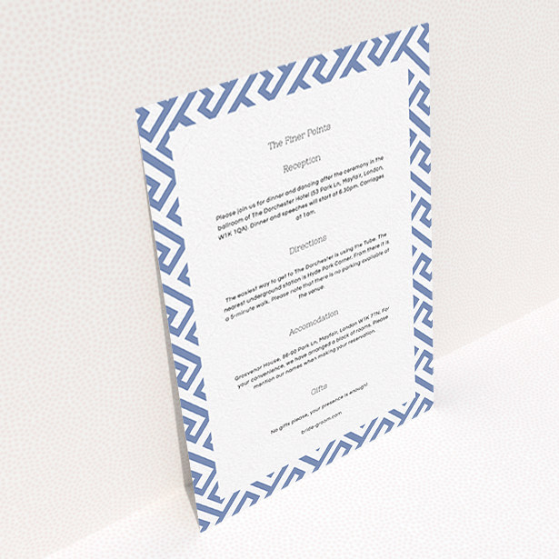 A wedding insert card design named "Blue and white maze". It is an A6 card in a portrait orientation. "Blue and white maze" is available as a flat card, with mainly light blue colouring.