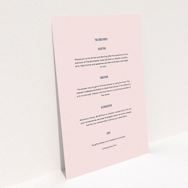 A wedding insert card template titled "Bold border". It is an A6 card in a portrait orientation. "Bold border" is available as a flat card, with mainly light pink colouring.