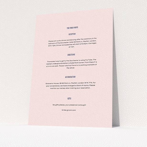A wedding insert card template titled "Bold border". It is an A6 card in a portrait orientation. "Bold border" is available as a flat card, with mainly light pink colouring.