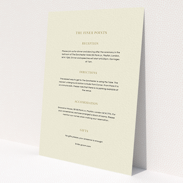 A wedding insert card design named 'Bullet point'. It is an A6 card in a portrait orientation. 'Bullet point' is available as a flat card, with mainly cream colouring.
