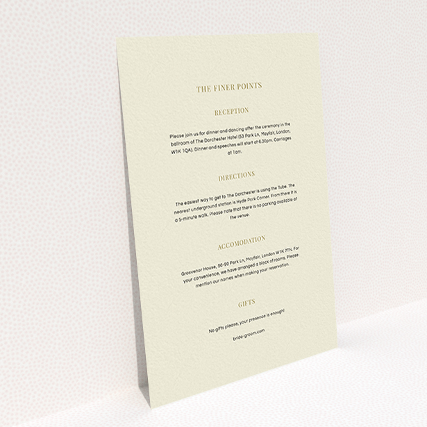 A wedding insert card design named "Bullet point". It is an A6 card in a portrait orientation. "Bullet point" is available as a flat card, with mainly cream colouring.