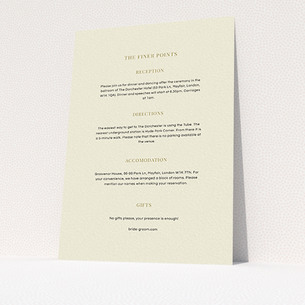 A wedding insert card design named "Bullet point". It is an A6 card in a portrait orientation. "Bullet point" is available as a flat card, with mainly cream colouring.