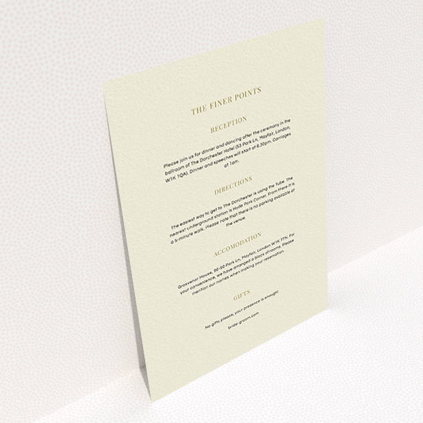 A wedding insert card design named "Bullet point". It is an A6 card in a portrait orientation. "Bullet point" is available as a flat card, with mainly cream colouring.