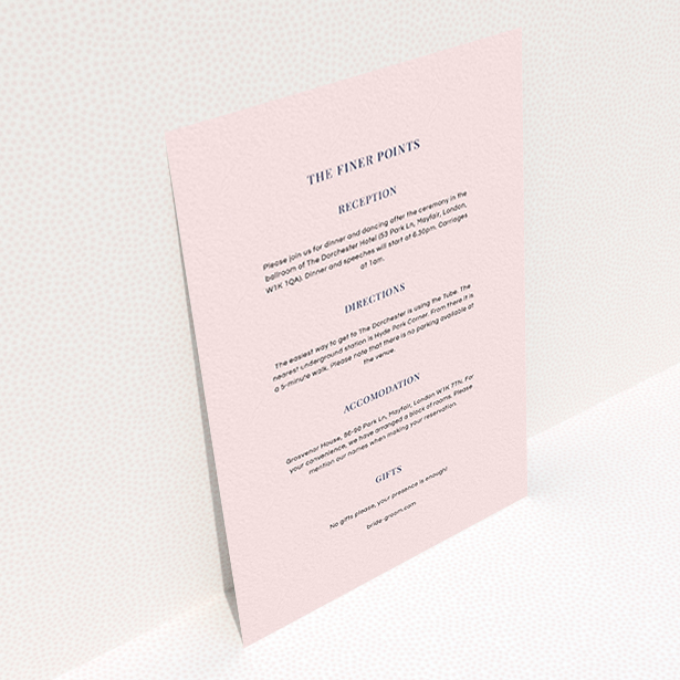 A wedding insert card called "Bullet point". It is an A6 card in a portrait orientation. "Bullet point" is available as a flat card, with mainly light pink colouring.
