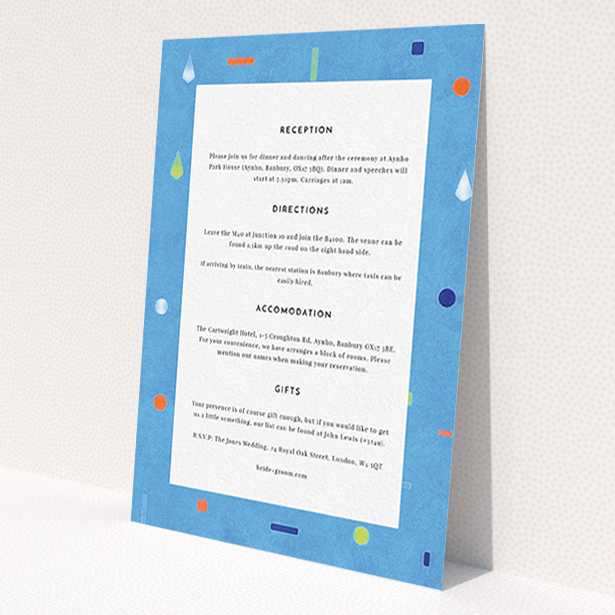 A wedding insert card design titled 'Capri'. It is an A6 card in a portrait orientation. 'Capri' is available as a flat card, with tones of blue and green.