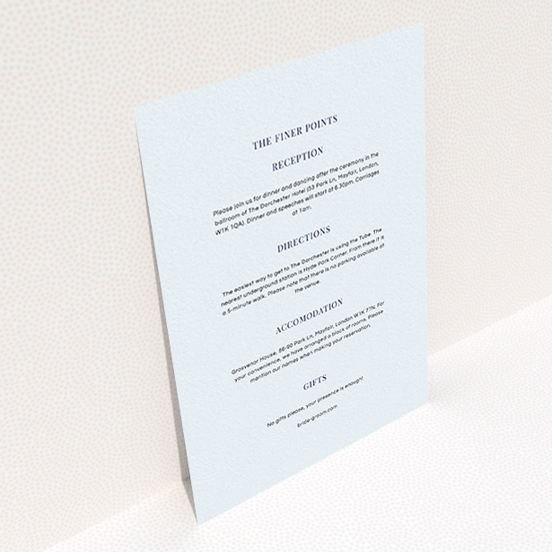 A wedding insert card design titled "Classic face". It is an A6 card in a portrait orientation. "Classic face" is available as a flat card, with mainly light blue colouring.