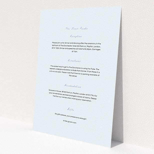 A wedding insert card template titled 'My little daisy'. It is an A6 card in a portrait orientation. 'My little daisy' is available as a flat card, with mainly light blue colouring.