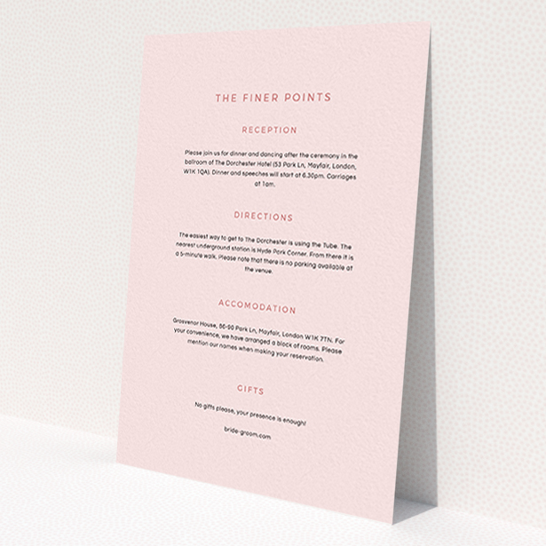 A wedding insert card design titled 'My little penguin'. It is an A6 card in a portrait orientation. 'My little penguin' is available as a flat card, with mainly light pink colouring.