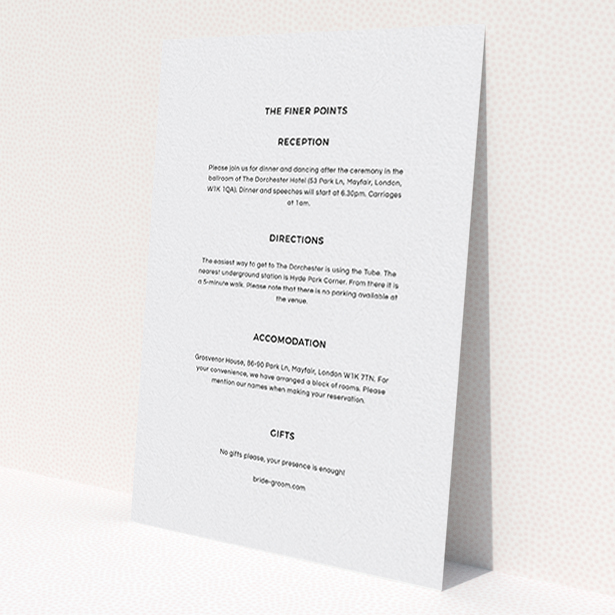 A wedding insert card design called 'Newsreel'. It is an A6 card in a portrait orientation. 'Newsreel' is available as a flat card, with mainly grey colouring.