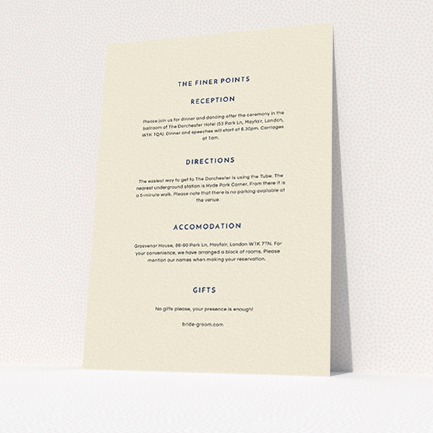A wedding insert card template titled "Off and away". It is an A6 card in a portrait orientation. "Off and away" is available as a flat card, with mainly cream colouring.