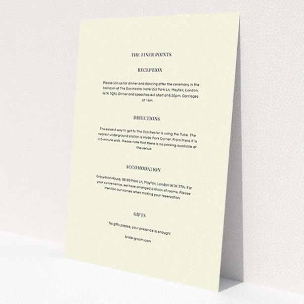 A wedding insert card design called 'Simple flourish'. It is an A6 card in a portrait orientation. 'Simple flourish' is available as a flat card, with mainly cream colouring.