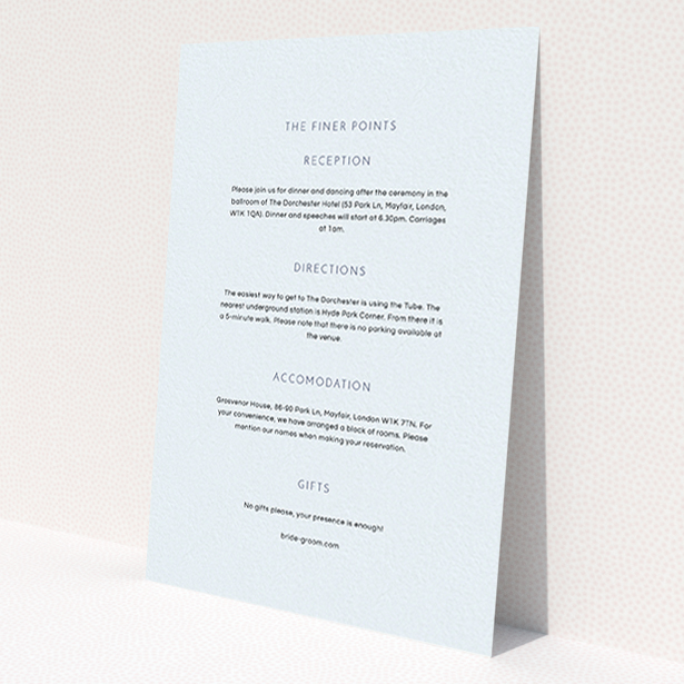 A wedding insert card named 'Simple lines'. It is an A6 card in a portrait orientation. 'Simple lines' is available as a flat card, with mainly light blue colouring.