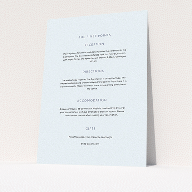 A wedding insert card named "Simple lines". It is an A6 card in a portrait orientation. "Simple lines" is available as a flat card, with mainly light blue colouring.