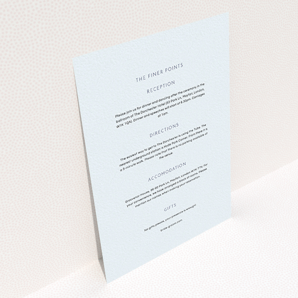 A wedding insert card named "Simple lines". It is an A6 card in a portrait orientation. "Simple lines" is available as a flat card, with mainly light blue colouring.