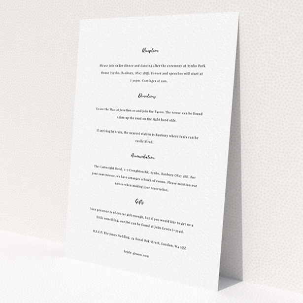 A wedding insert card named 'Simply Love'. It is an A6 card in a portrait orientation. 'Simply Love' is available as a flat card, with mainly white colouring.