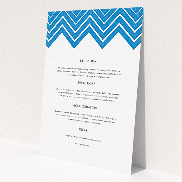 A wedding insert card design named 'Skiapthos'. It is an A6 card in a portrait orientation. 'Skiapthos' is available as a flat card, with tones of blue and white.
