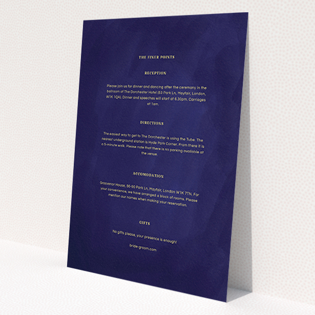 A wedding insert card named 'Sky at night'. It is an A6 card in a portrait orientation. 'Sky at night' is available as a flat card, with tones of midnight blue and yellow.