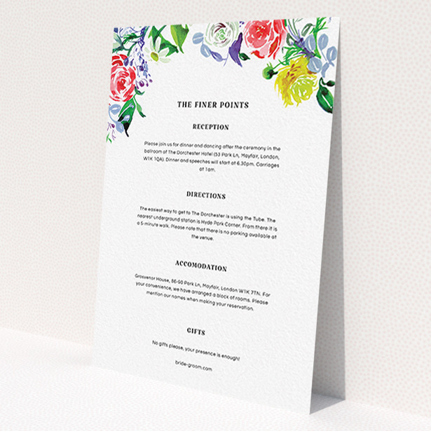 A wedding insert card design titled 'The flowerbed'. It is an A6 card in a portrait orientation. 'The flowerbed' is available as a flat card, with tones of white and red.