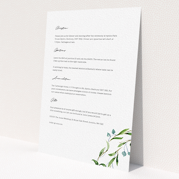 A wedding insert card called 'Thin Watercolour Wreath'. It is an A6 card in a portrait orientation. 'Thin Watercolour Wreath' is available as a flat card, with tones of white and green.