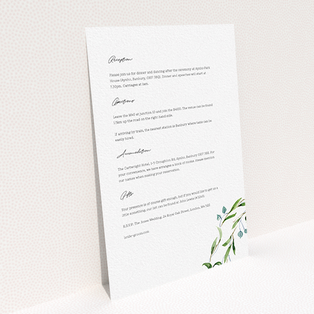 A wedding insert card called "Thin Watercolour Wreath". It is an A6 card in a portrait orientation. "Thin Watercolour Wreath" is available as a flat card, with tones of white and green.
